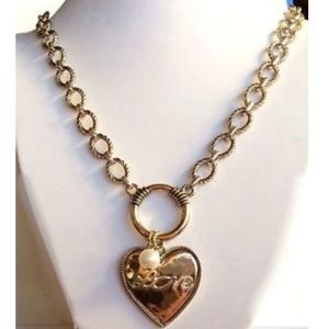 Gold Heart Necklace Pearl Message LOVE 30" Chunky